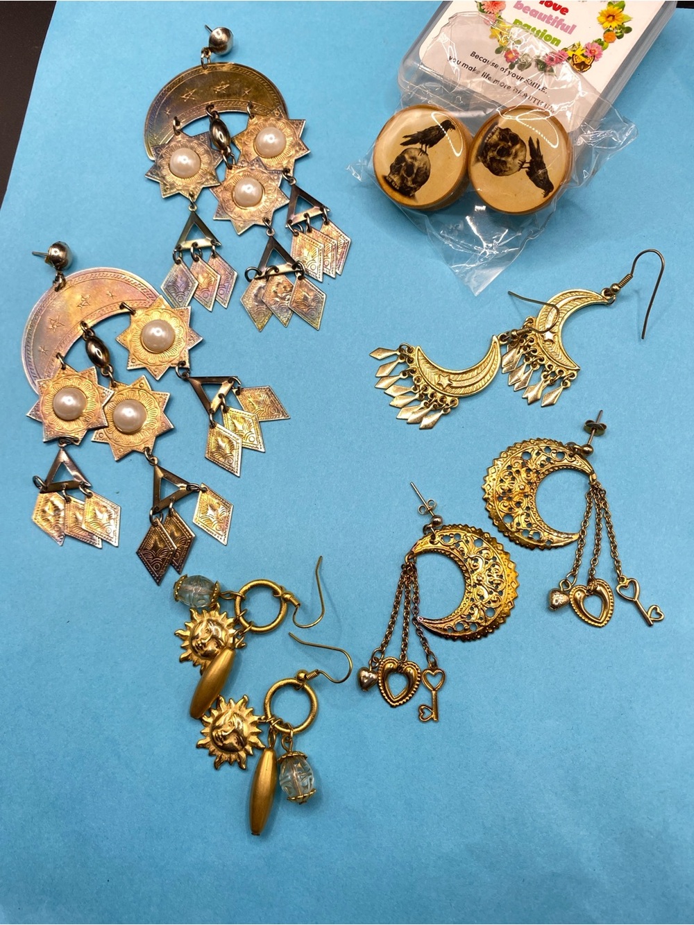 Lot of Celestial Boho Goth Earrings & 25mm Wood Plugs